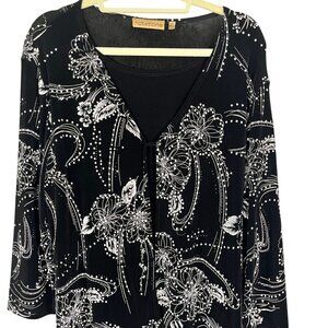 Retro Floral Top L Black Neutral Festive Holiday Polka Dot Classic Chic Preppy